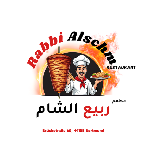 Ein lächelnder Koch mit Schnurrbart hält Döner vor Flammen auf weißem Hintergrund