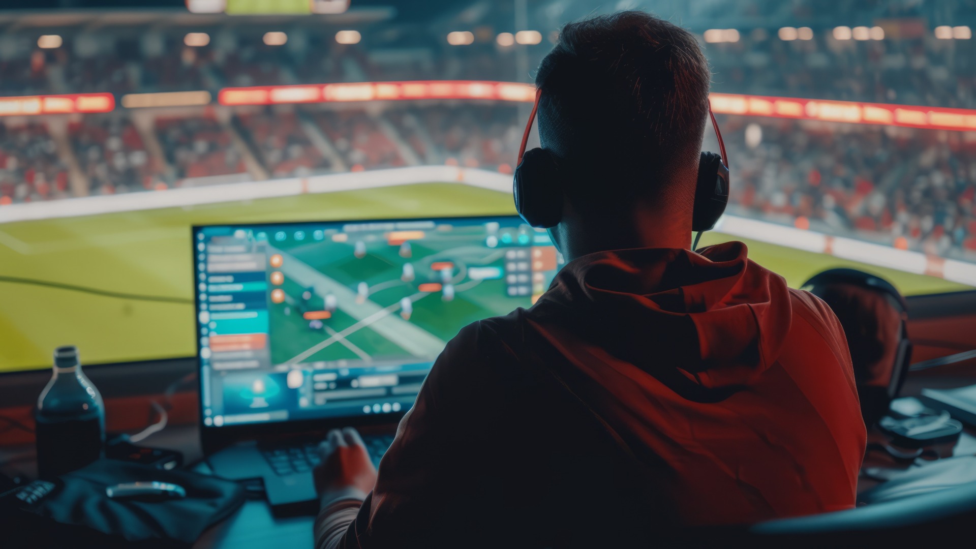 Sportanalyst am Monitor und Fußballspiel im Hintergrund