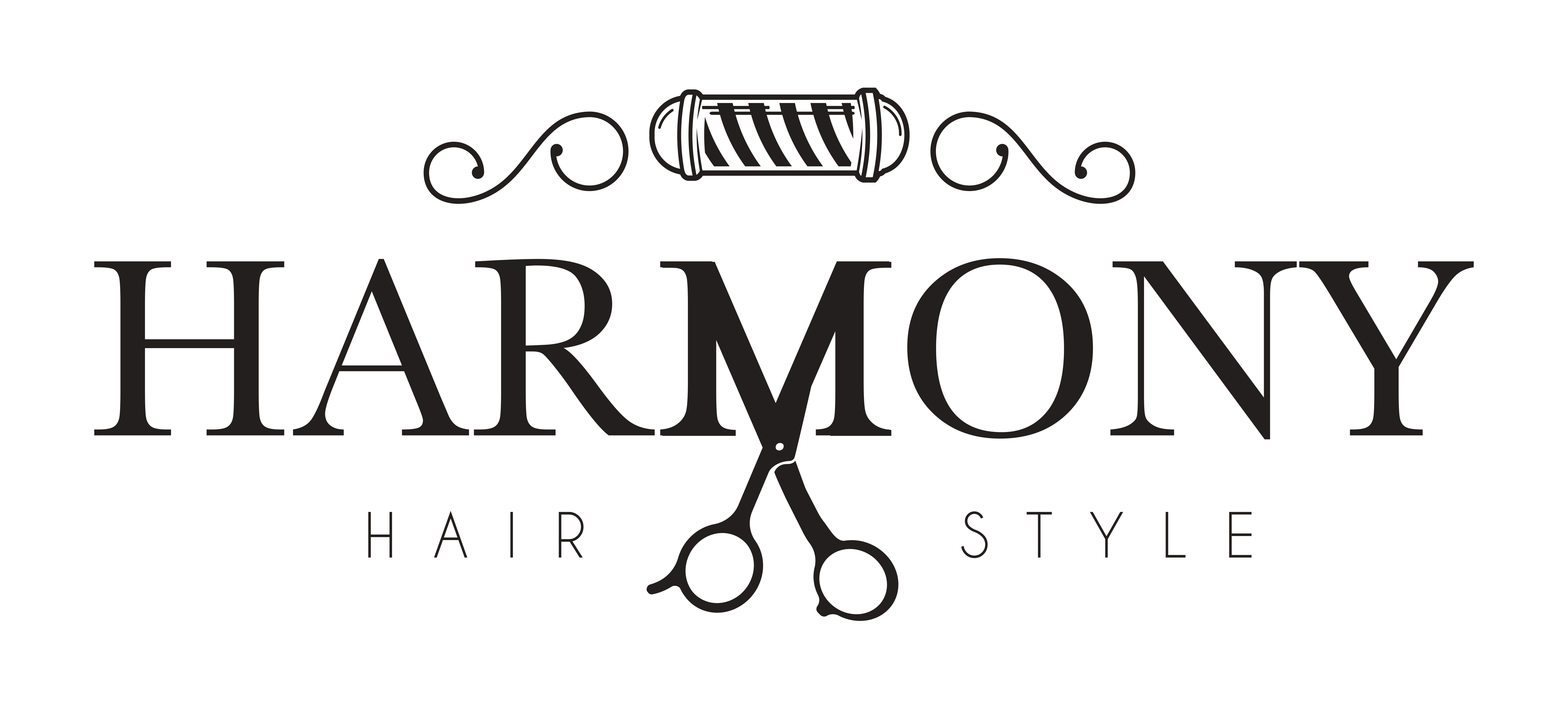 Schwarzes Logo für Harmony Hair Style mit Schere in der Mitte und Garnrolle oben